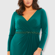 Long Sleeve V-Neck Evening Gown, Emerald, 67899