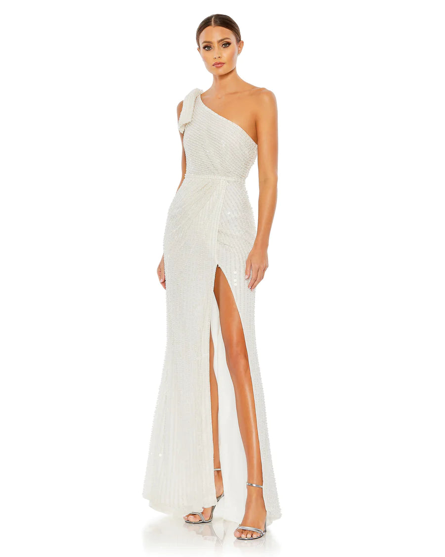 Pearl Embellished Soft Tie One Shoulder Gown, 93735