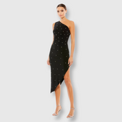 Rhinestone Encrusted One Shoulder Asymmetrical Hem Midi Dress, 55646