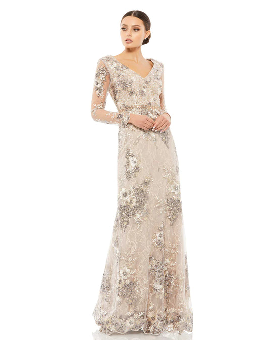 Embellished V Neck Illusion Long Sleeve Gown, Taupe, 67539