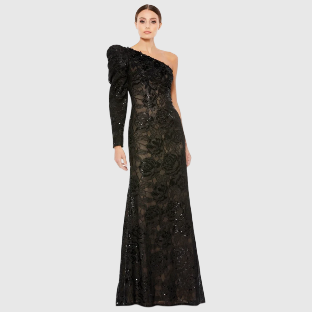 Embellished One Puff Sleeve Trumpet Gown, 12444