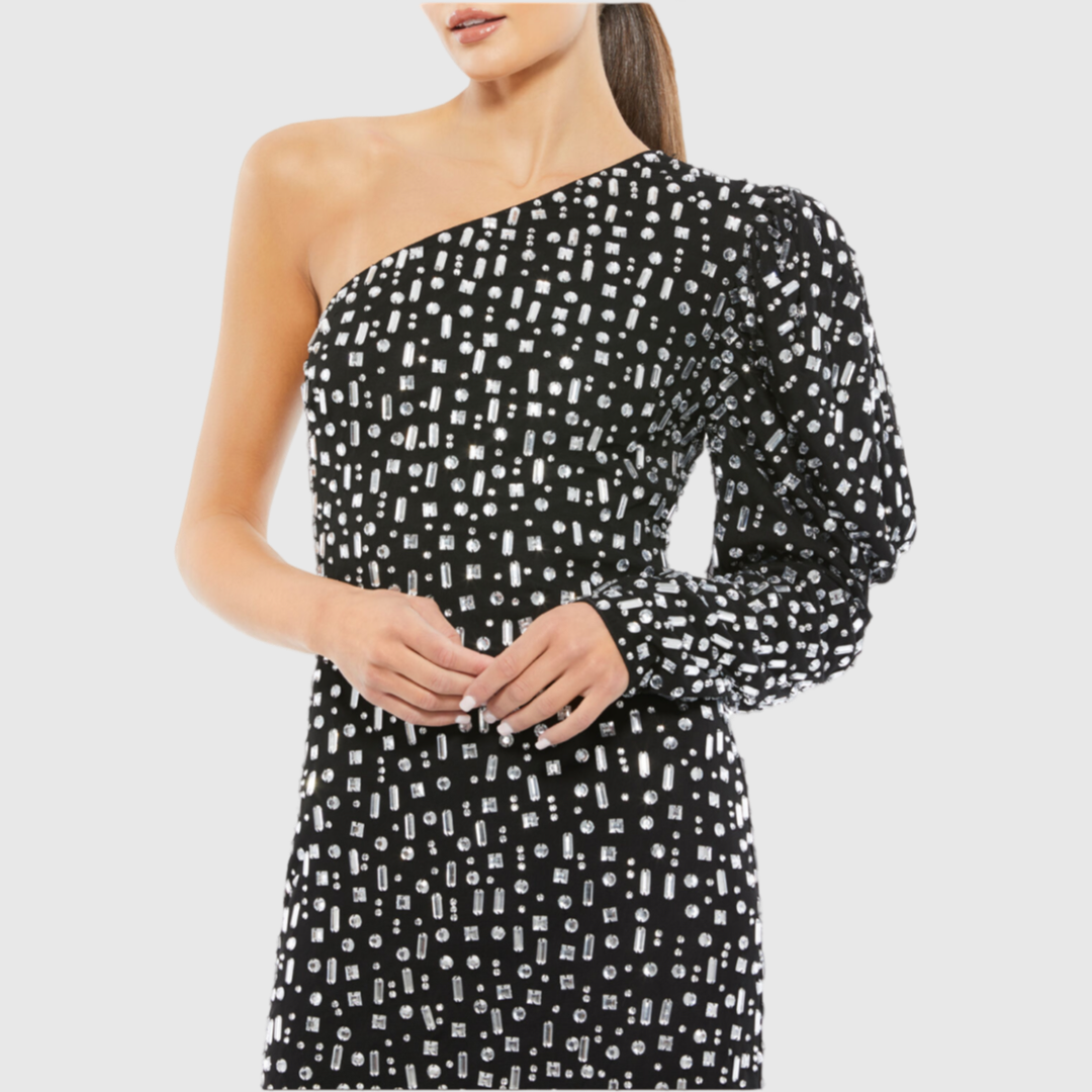 One Shoulder Puff Sleeve Dress, Black, 10768