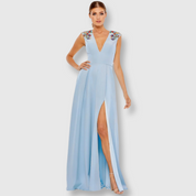 Beaded Cap Sleeve V-Neck A Line Gown, French Blue, 26540