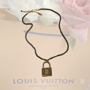 Louis Vuitton Gold and Black Beaded Upcycled Necklace, Authentic LV Lock Charm