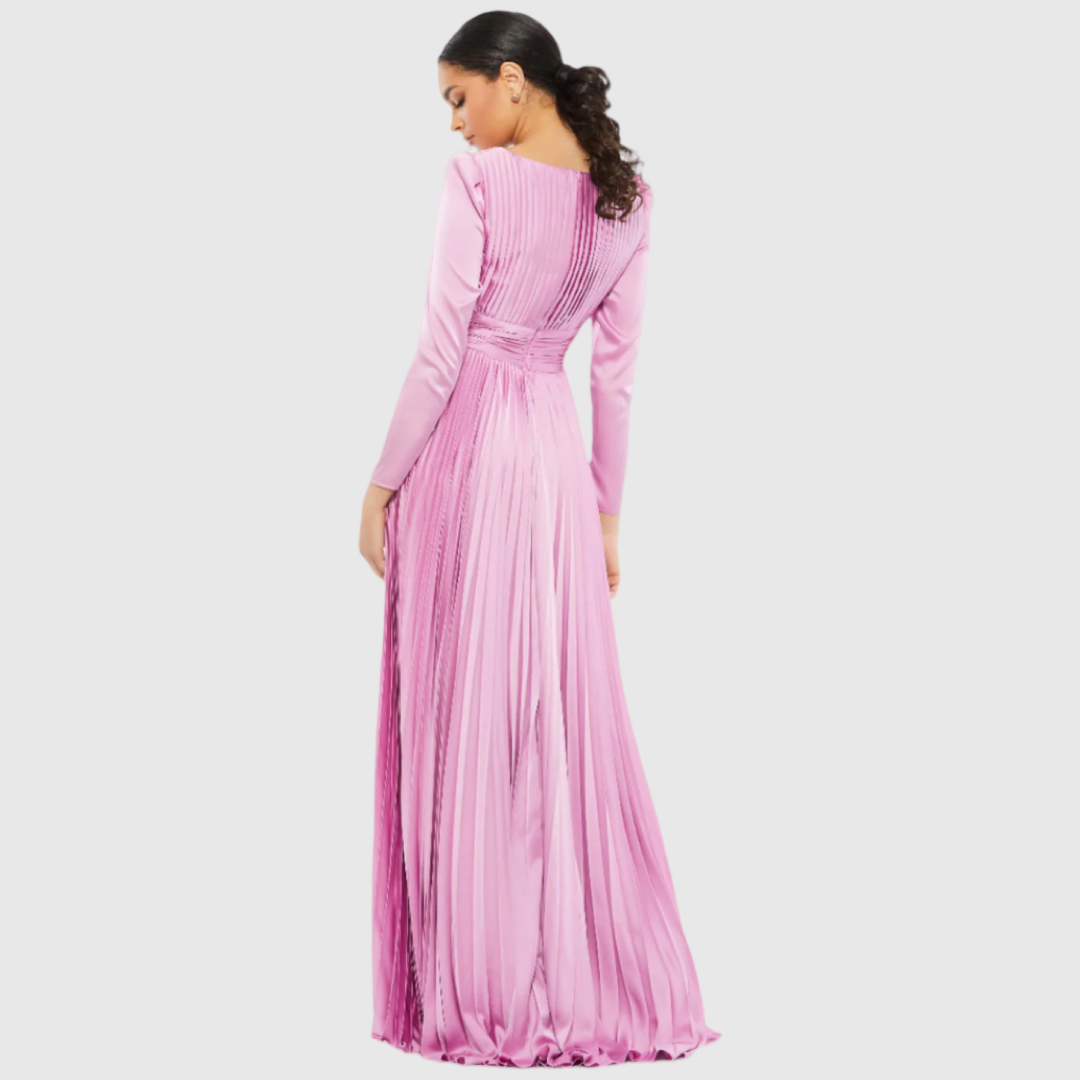 Light Purple Pleated Long Sleeve V-Neck Gown, 26542