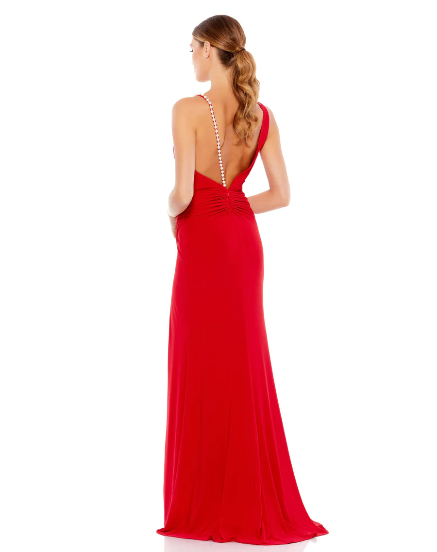 Asymmetrical Pearl Strap V-Neck Gown, 26532