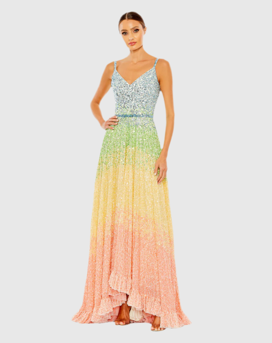 Mac Duggal Sequined Rainbow Sleeveless High Low Gown, 5691