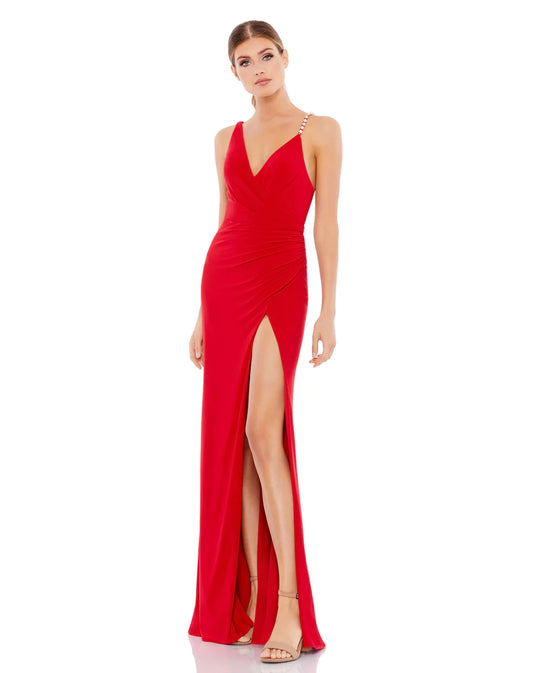 Asymmetrical Pearl Strap V-Neck Gown, 26532