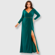 Long Sleeve V-Neck Evening Gown, Emerald, 67899