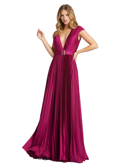 Pleated Plunge Neck Belted Satin Gown, 26285