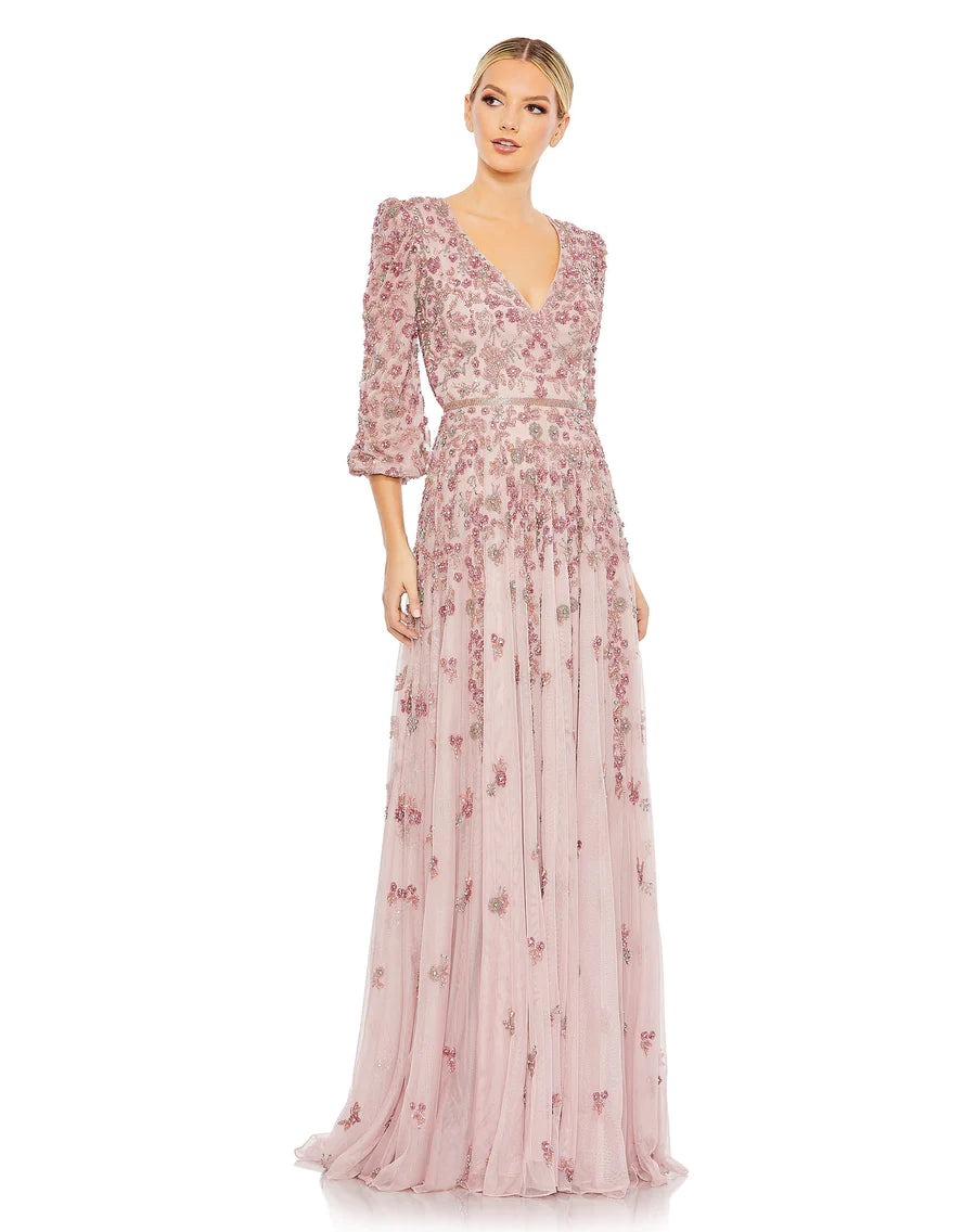 Embellished V Neck 3/4Sleeve A Line Gown, Rose