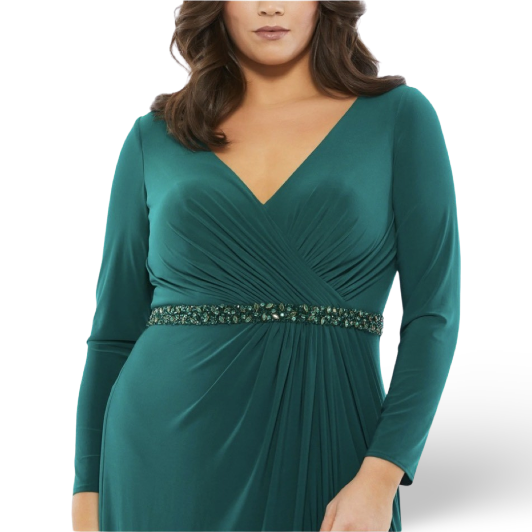 Long Sleeve V-Neck Evening Gown, Emerald, 67899