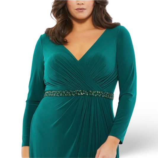 Long Sleeve V-Neck Evening Gown, Emerald, 67899