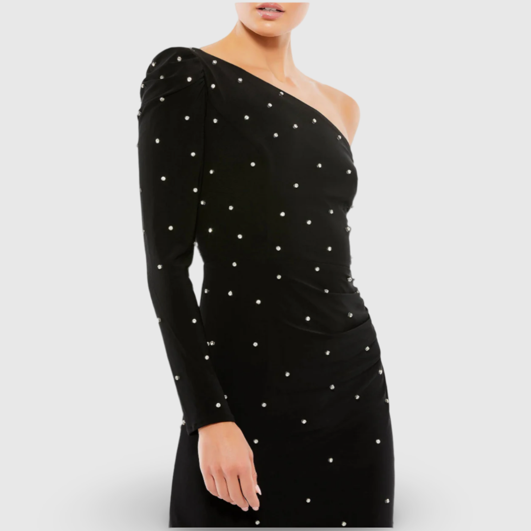 Rhinestone Encrusted One Shoulder Long Sleeve Mini Dress, 55667