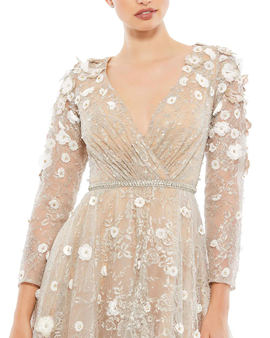 Floral Embellished Lace A-Line Dress, Beige Blush, 66387