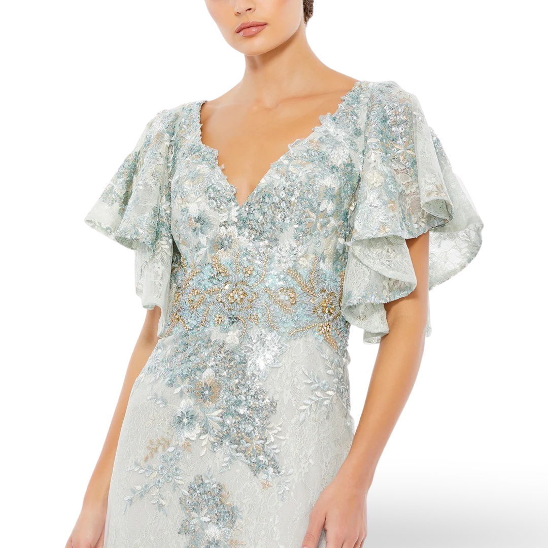 Bell Sleeve Floral Embellished Gown, Seafoam, 67842