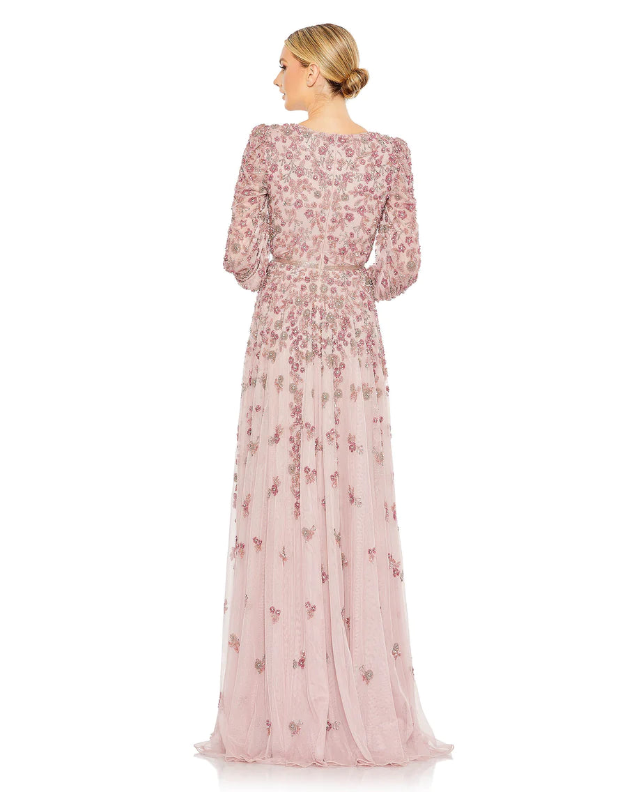 Embellished V Neck 3/4Sleeve A Line Gown, Rose