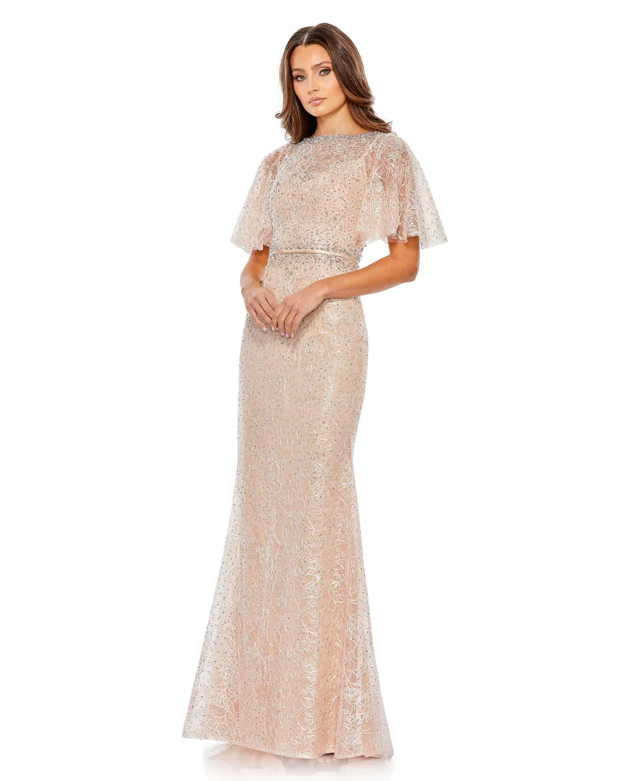 Embellished Neck Butterfly Sleeve Trumpet Gown, 20368