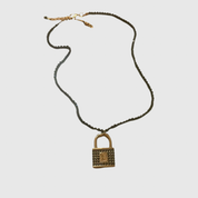 Louis Vuitton Gold and Black Beaded Upcycled Necklace, Authentic LV Lock Charm