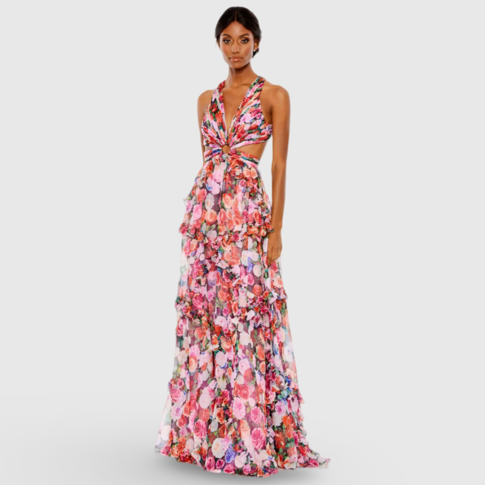 Multicolor Floral Ruffled Cut Out Sleeveless Gown 68076