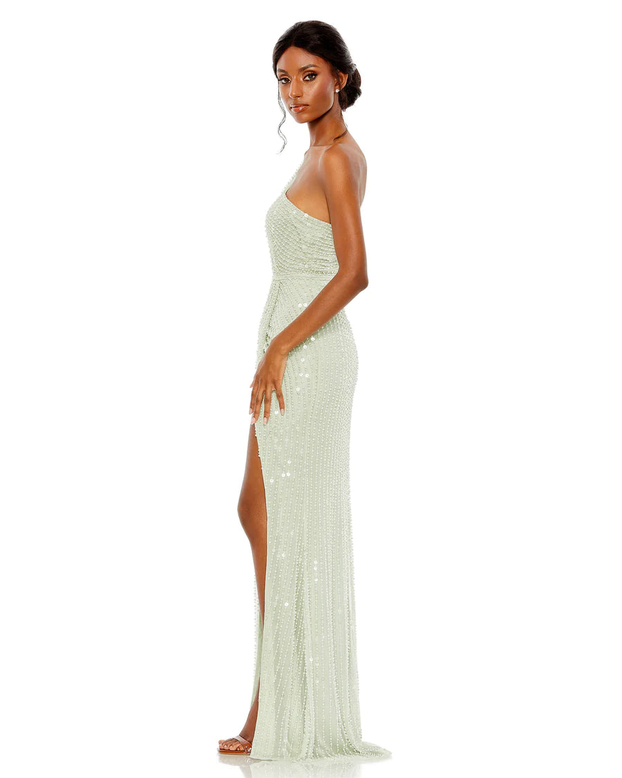 Pearl Embellished Soft Tie One Shoulder Gown, 93735