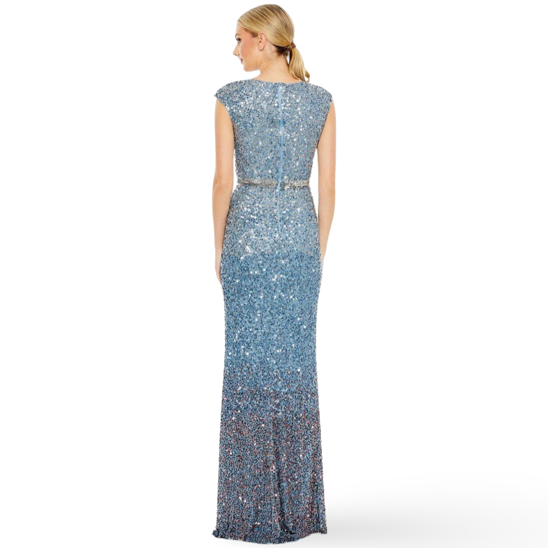 Cap Sleeve Sequined High Slit Gown, Ombré, 5489