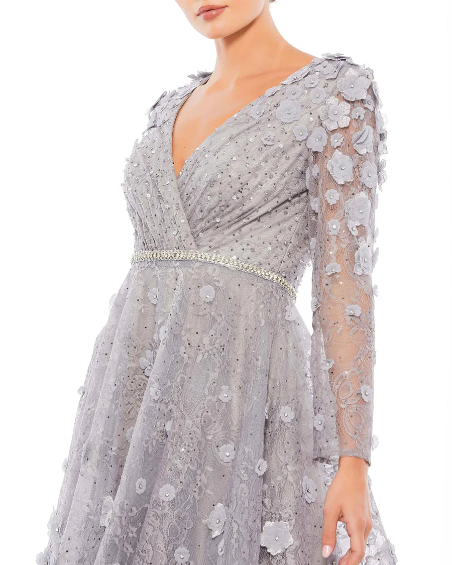 Floral Embellished Lace A-Line Dress, Sterling 66387