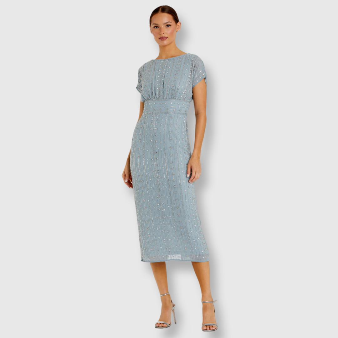 Beaded Cap Sleeve Column Midi Dress, Slate Blue, 93649