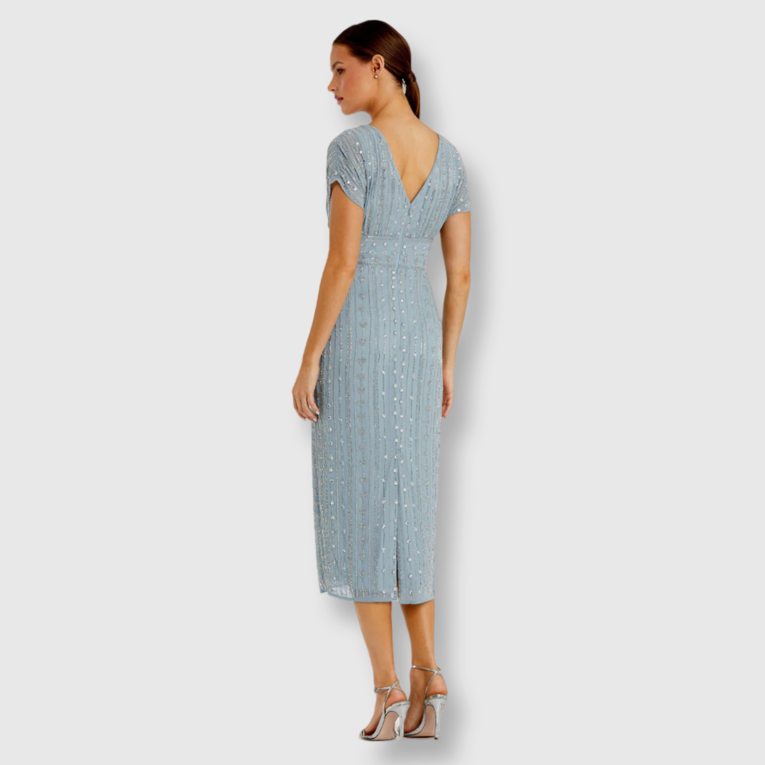 Beaded Cap Sleeve Column Midi Dress, Slate Blue, 93649