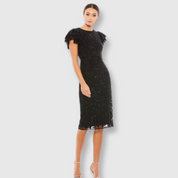 High Neck Flutter Cap Sleeve Midi Dress, Black, 10827