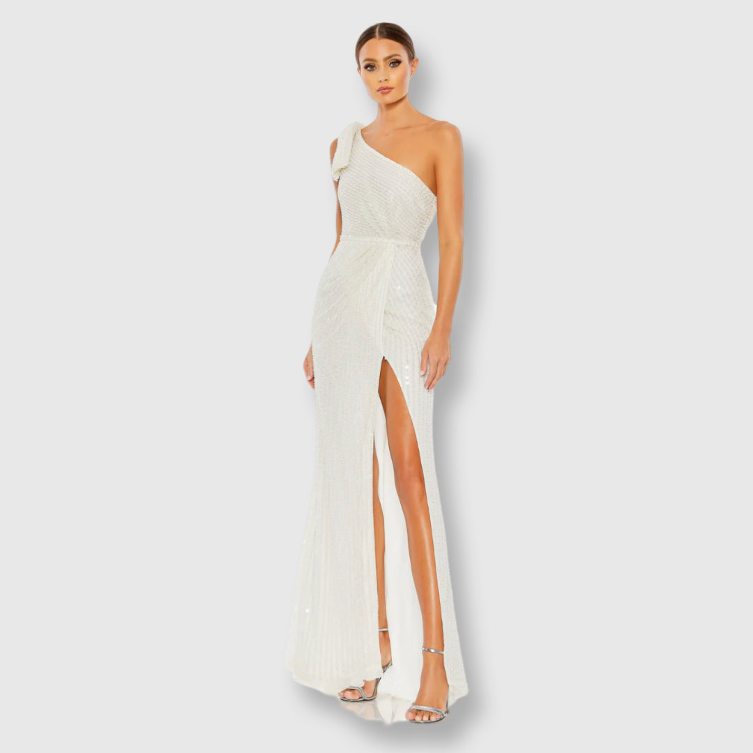 Pearl Embellished Soft Tie One Shoulder Gown, 93735