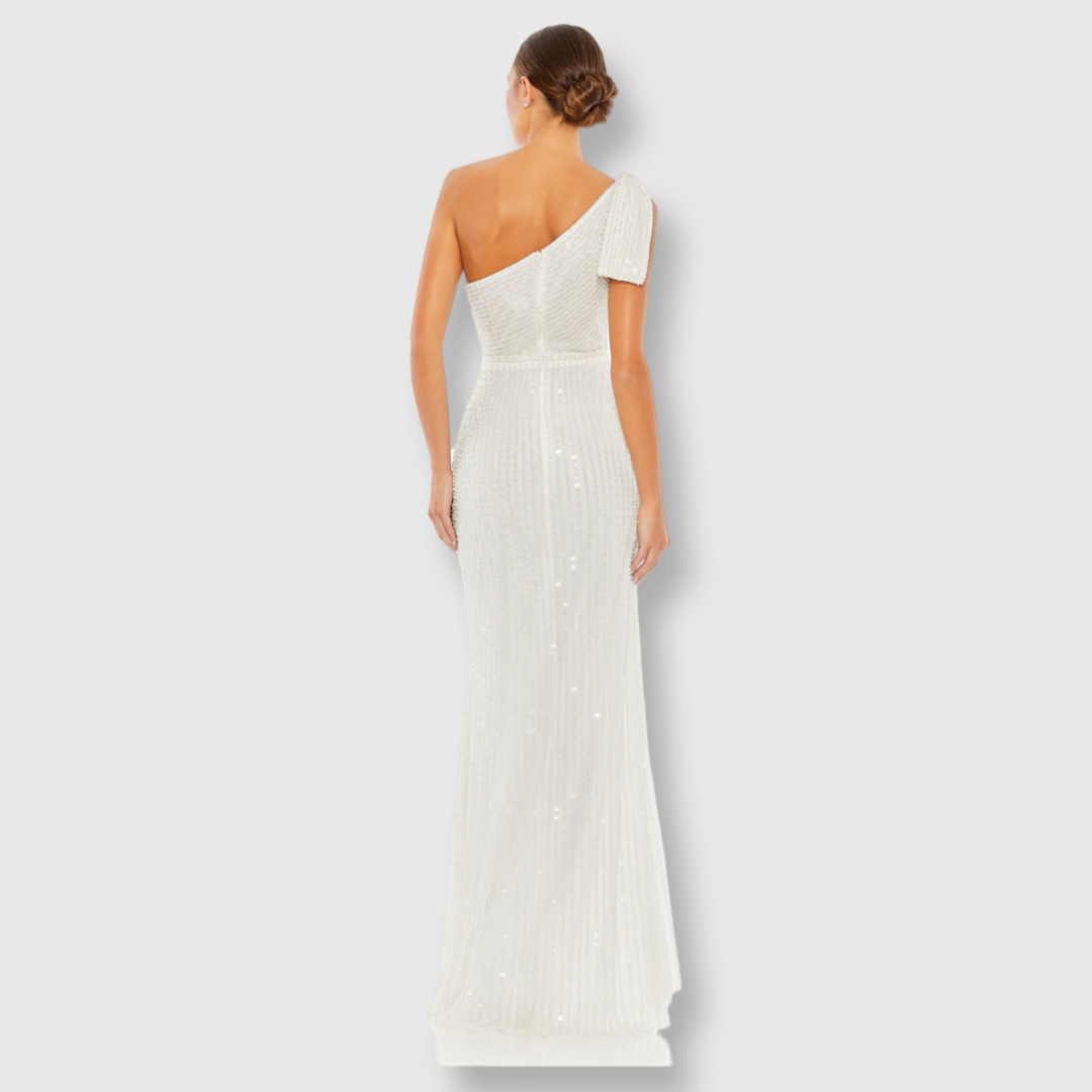 Pearl Embellished Soft Tie One Shoulder Gown, 93735