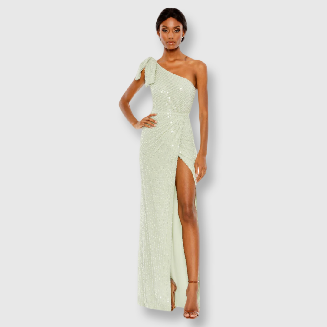 Pearl Embellished Soft Tie One Shoulder Gown, 93735