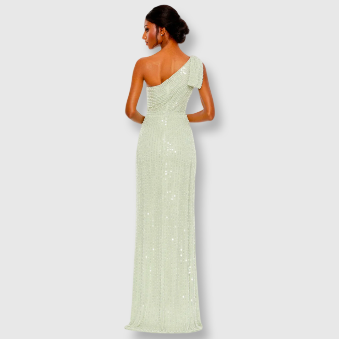 Pearl Embellished Soft Tie One Shoulder Gown, 93735