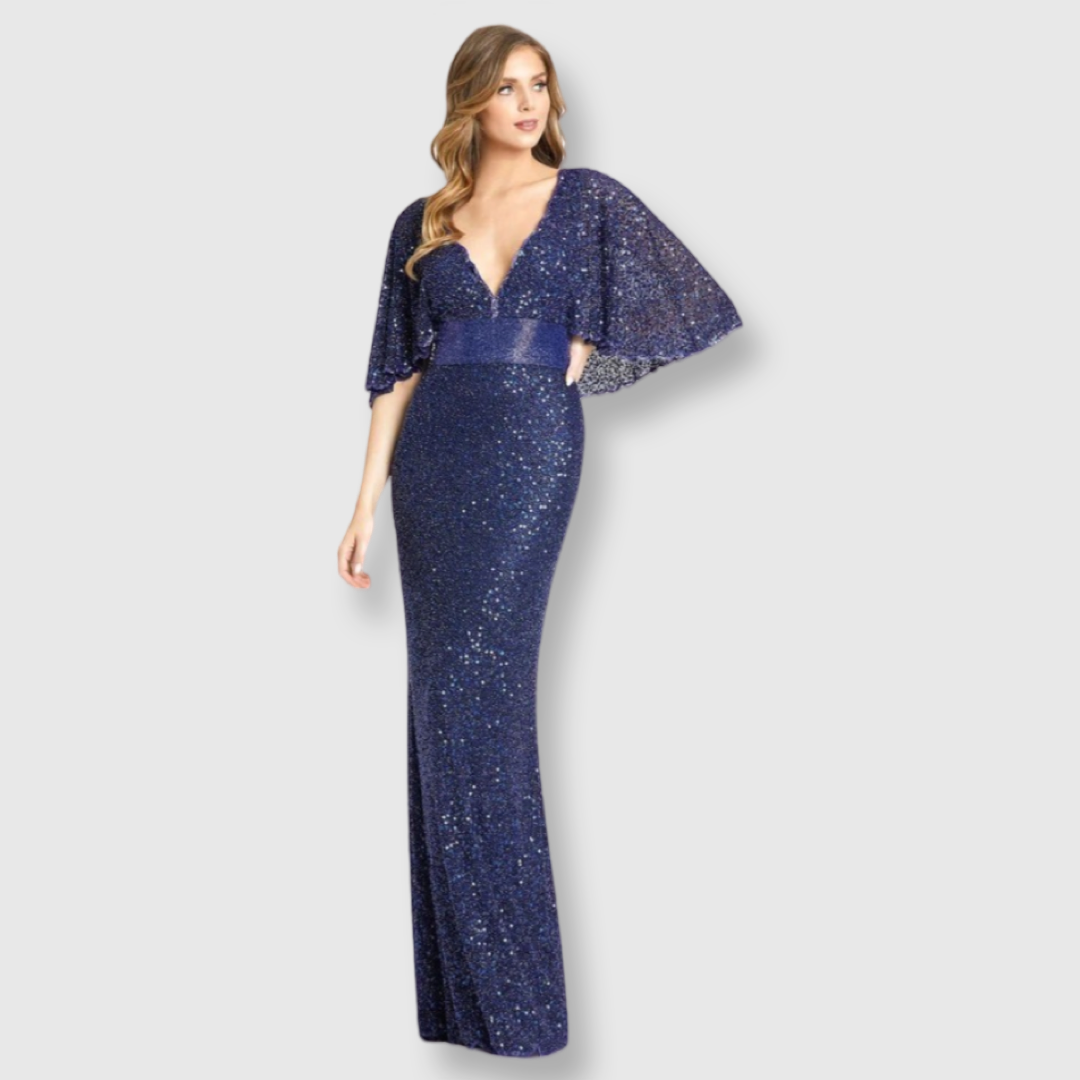 Sequined V-Neck Cape Sleeve Beaded Waist Gown, Midnight, 4808