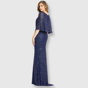 Sequined V-Neck Cape Sleeve Beaded Waist Gown, Midnight, 4808