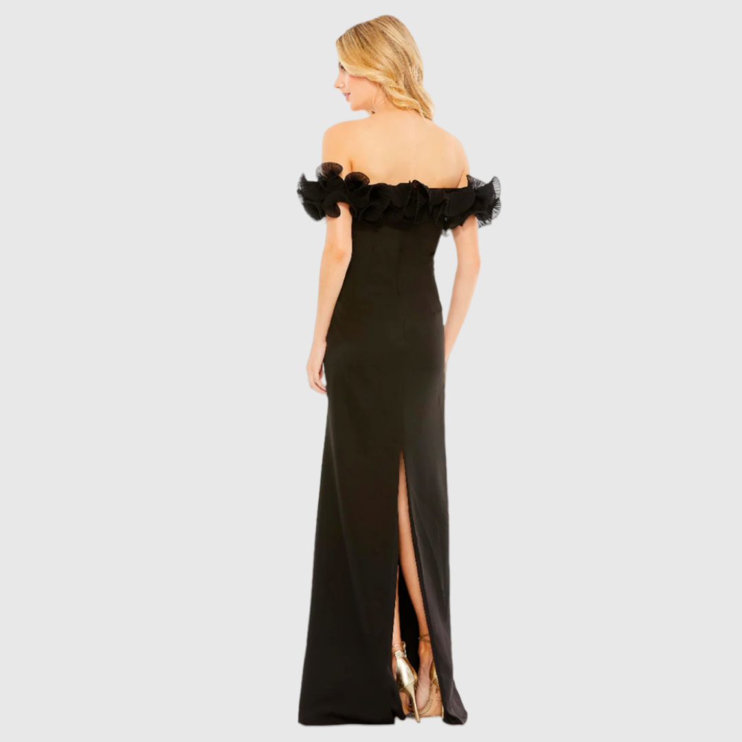 Black Off the Shoulder Ruffle Detail Column Gown, 49643