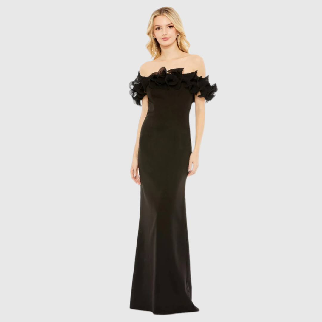 Black Off the Shoulder Ruffle Detail Column Gown, 49643