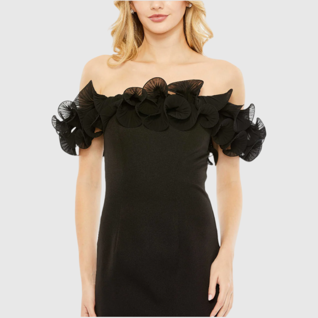 Black Off the Shoulder Ruffle Detail Column Gown, 49643