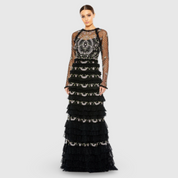 Floral Embroidered Mesh Long Sleeve Column Gown, 8030