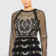 Floral Embroidered Mesh Long Sleeve Column Gown, 8030