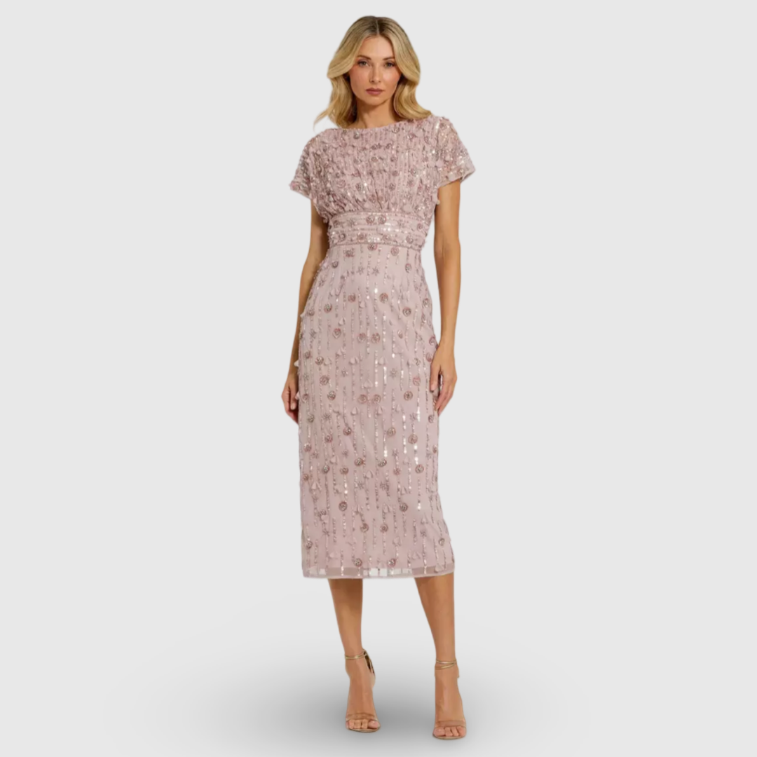 Cap Sleeve Column Midi Dress with Floral Beading, 94117