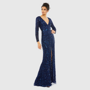 Navy Embellished Front Slit Long Sleeve Navy Gown, 5002