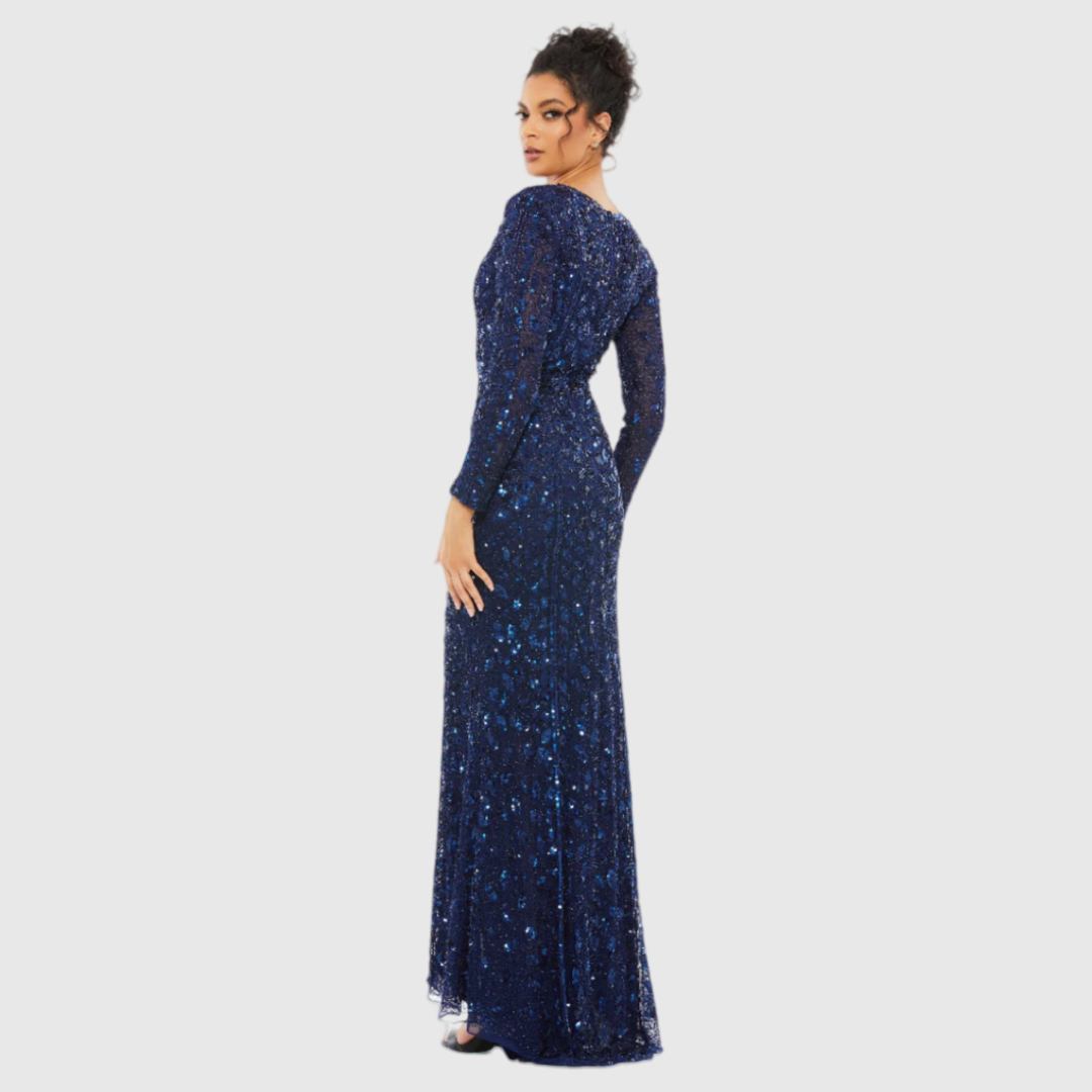 Navy Embellished Front Slit Long Sleeve Navy Gown, 5002