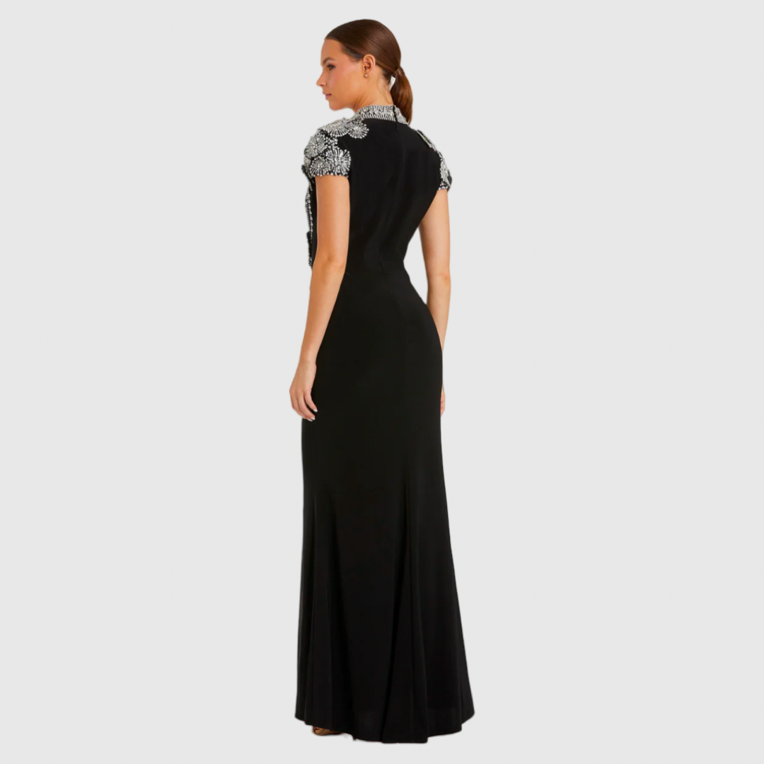 Black High Neck Embellished Column Gown, 42055