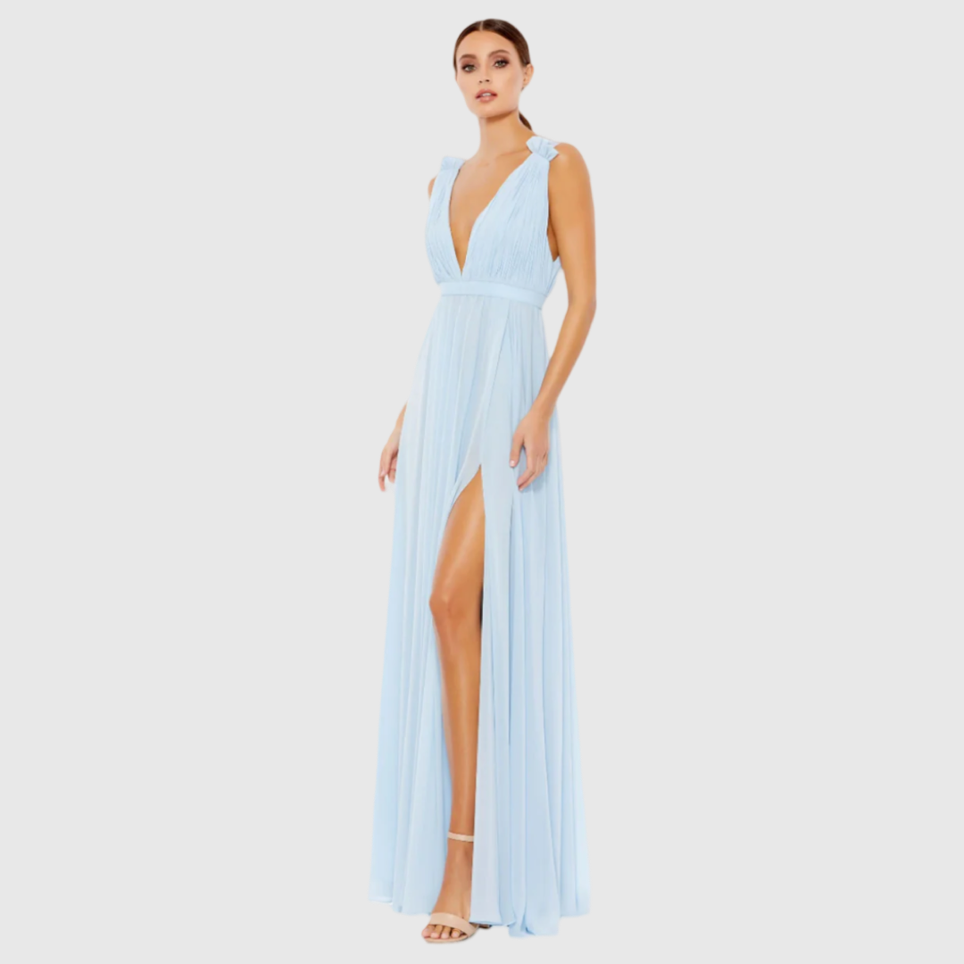 Pleated Chiffon Sleeveless V-Neck Gown, Powder Blue, 55321