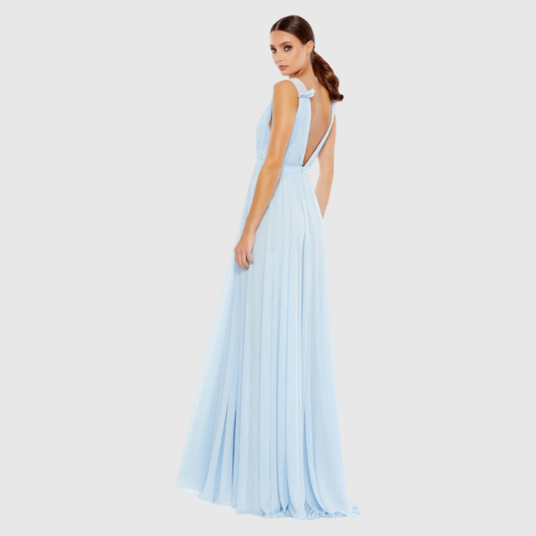 Pleated Chiffon Sleeveless V-Neck Gown, Powder Blue, 55321