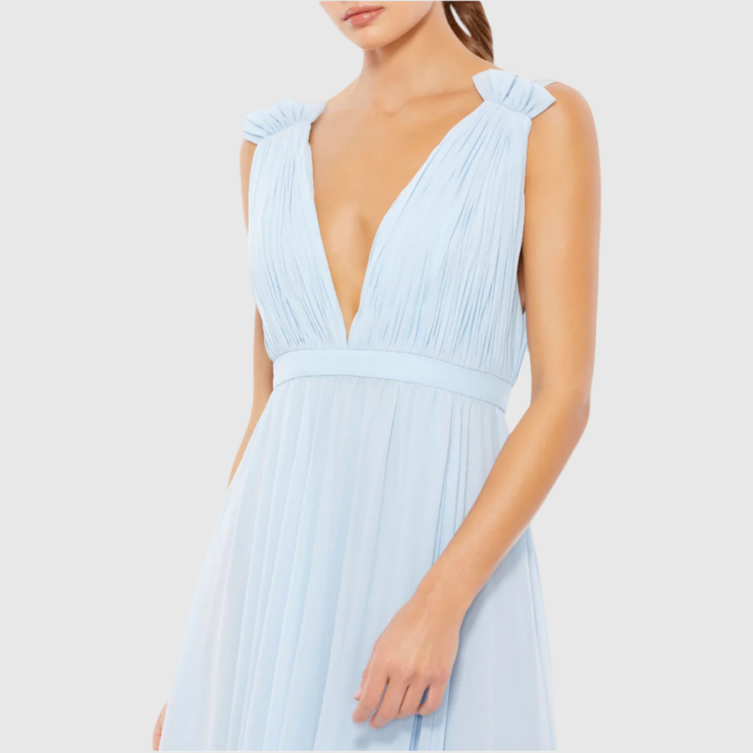 Pleated Chiffon Sleeveless V-Neck Gown, Powder Blue, 55321