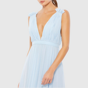 Pleated Chiffon Sleeveless V-Neck Gown, Powder Blue, 55321