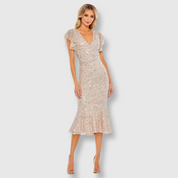 Sequined V Neck Flutter Cap Sleeve Trumpet Dress, 10801